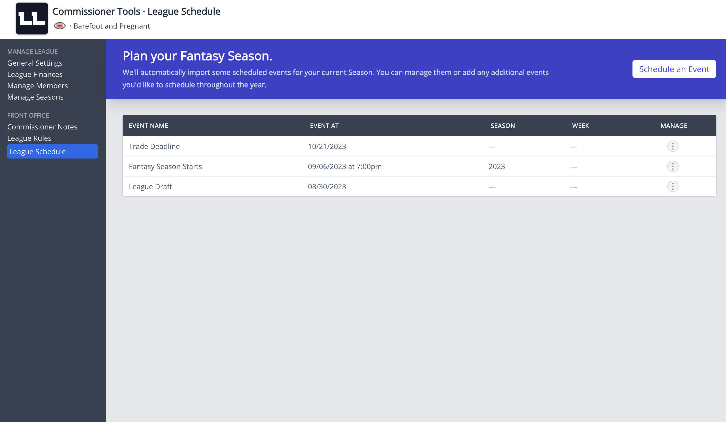 Fantasy League Schedule